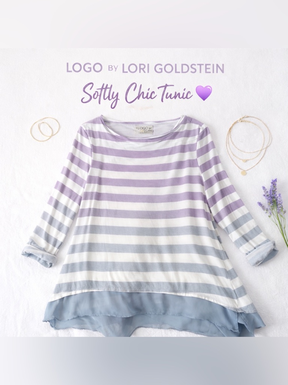 LOGO Lori Goldstein Striped Tunic Top Lavender Blue Layered Hem Size L